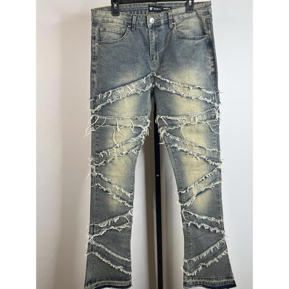 Waimea Men’s Stacked Fit Distressed Moto Jeans Blue Wash Size 34x36 Excellent